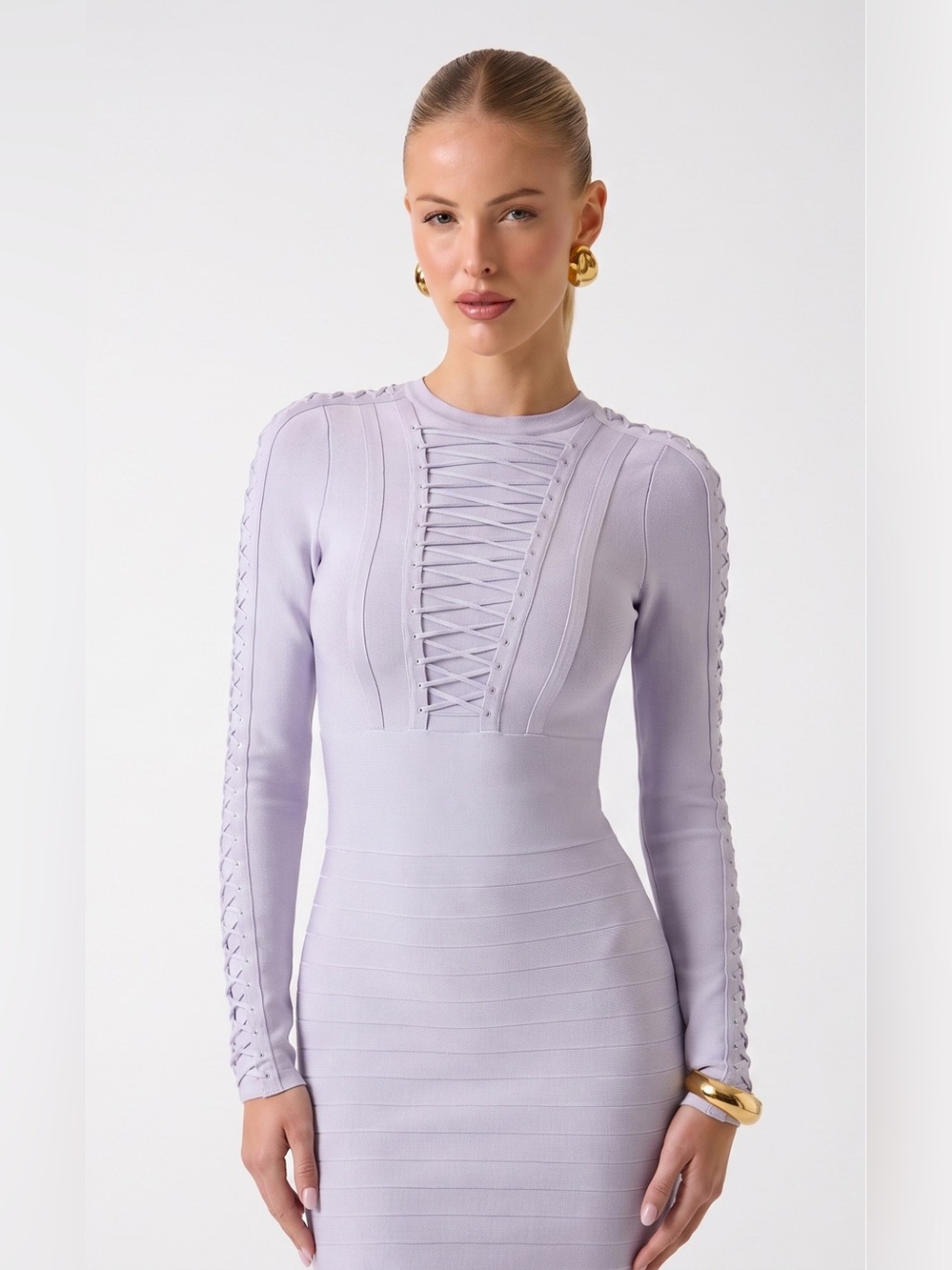 Guess by Marciano Light Lavender Lace-Up Long Sleeve Bandage Dress